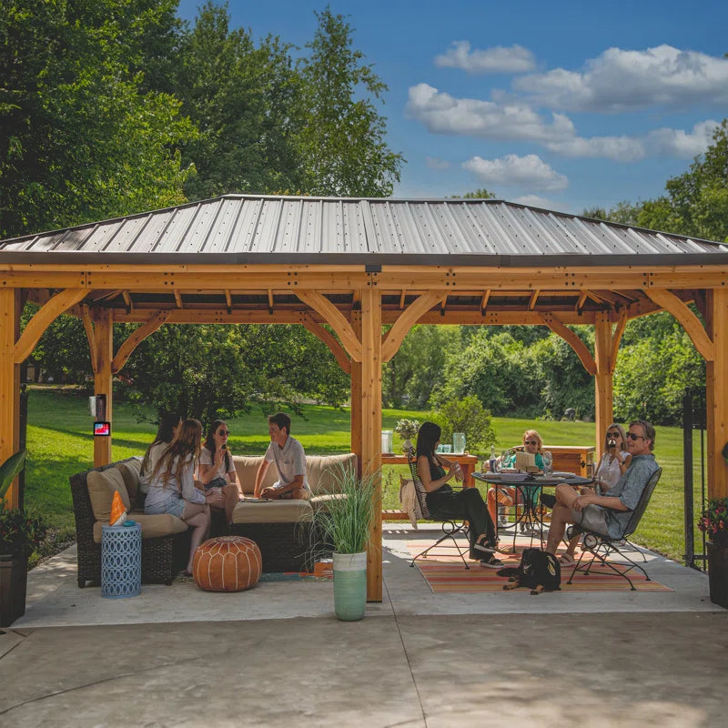 Barrington 20' X 12' Cedar Wood Outdoor Patio Gazebo with Hardtop Galvanized Steel Hip Roof and Powerport