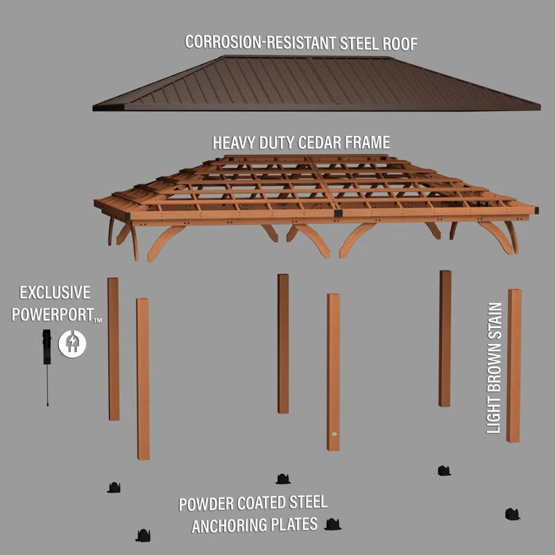 Barrington 20' X 12' Cedar Wood Outdoor Patio Gazebo with Hardtop Galvanized Steel Hip Roof and Powerport