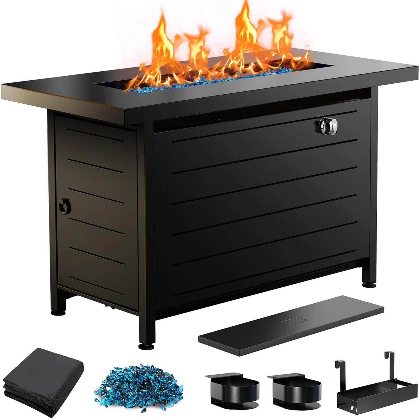 43" Outdoor Propane Fire Pit Table - 60,000 BTU with Lid, Glass Beads, Cup Holders, Hanging Shelf & Nylon Cover - Rectangle Design