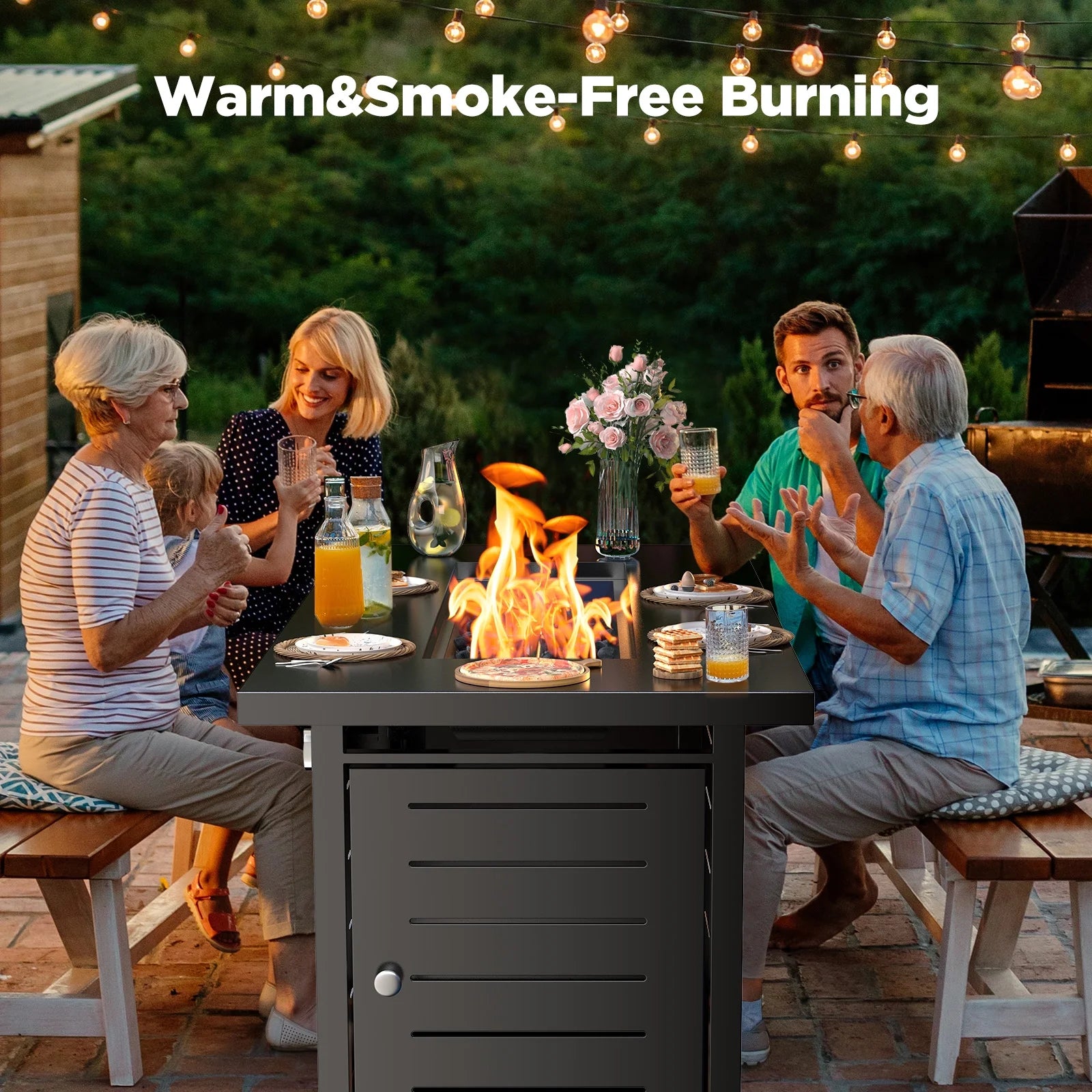 43" Outdoor Propane Fire Pit Table - 60,000 BTU with Lid, Glass Beads, Cup Holders, Hanging Shelf & Nylon Cover - Rectangle Design