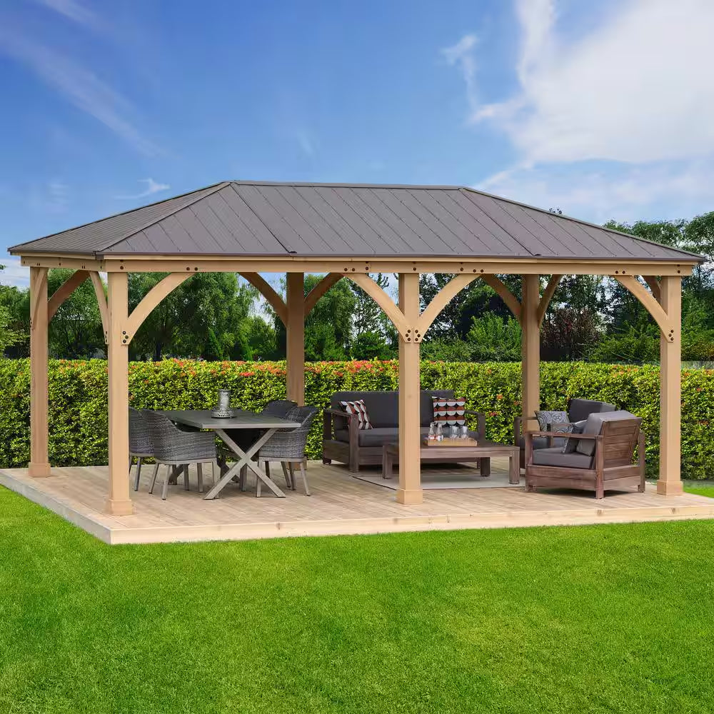 Meridian 12 Ft. X 20 Ft. Premium Cedar Outdoor Patio Shade Gazebo with Architectural Posts and Brown Aluminum Roof