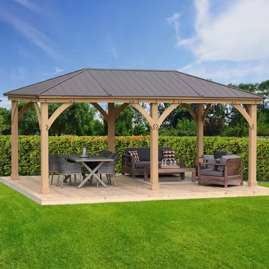 Meridian 12 Ft. X 20 Ft. Premium Cedar Outdoor Patio Shade Gazebo with Architectural Posts and Brown Aluminum Roof