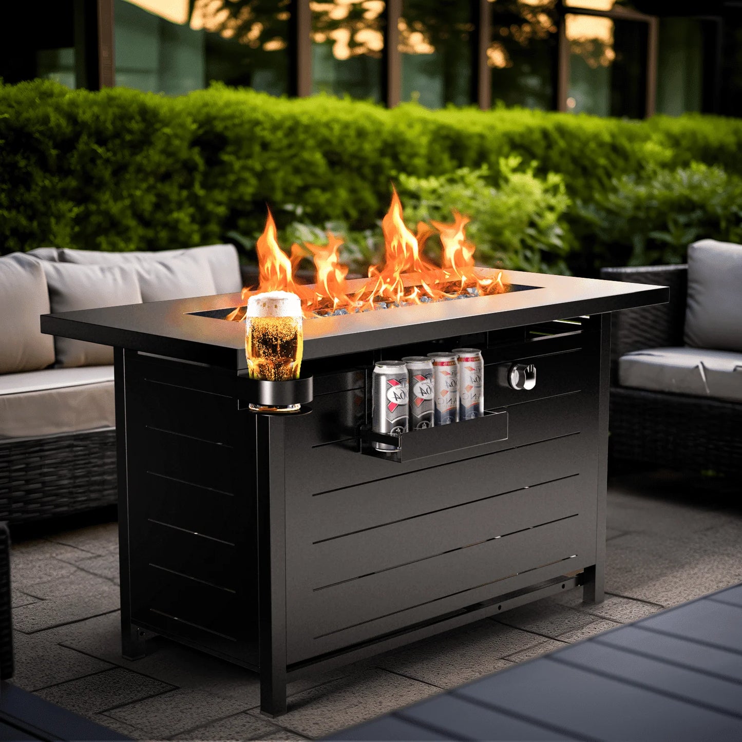 43" Outdoor Propane Fire Pit Table - 60,000 BTU with Lid, Glass Beads, Cup Holders, Hanging Shelf & Nylon Cover - Rectangle Design