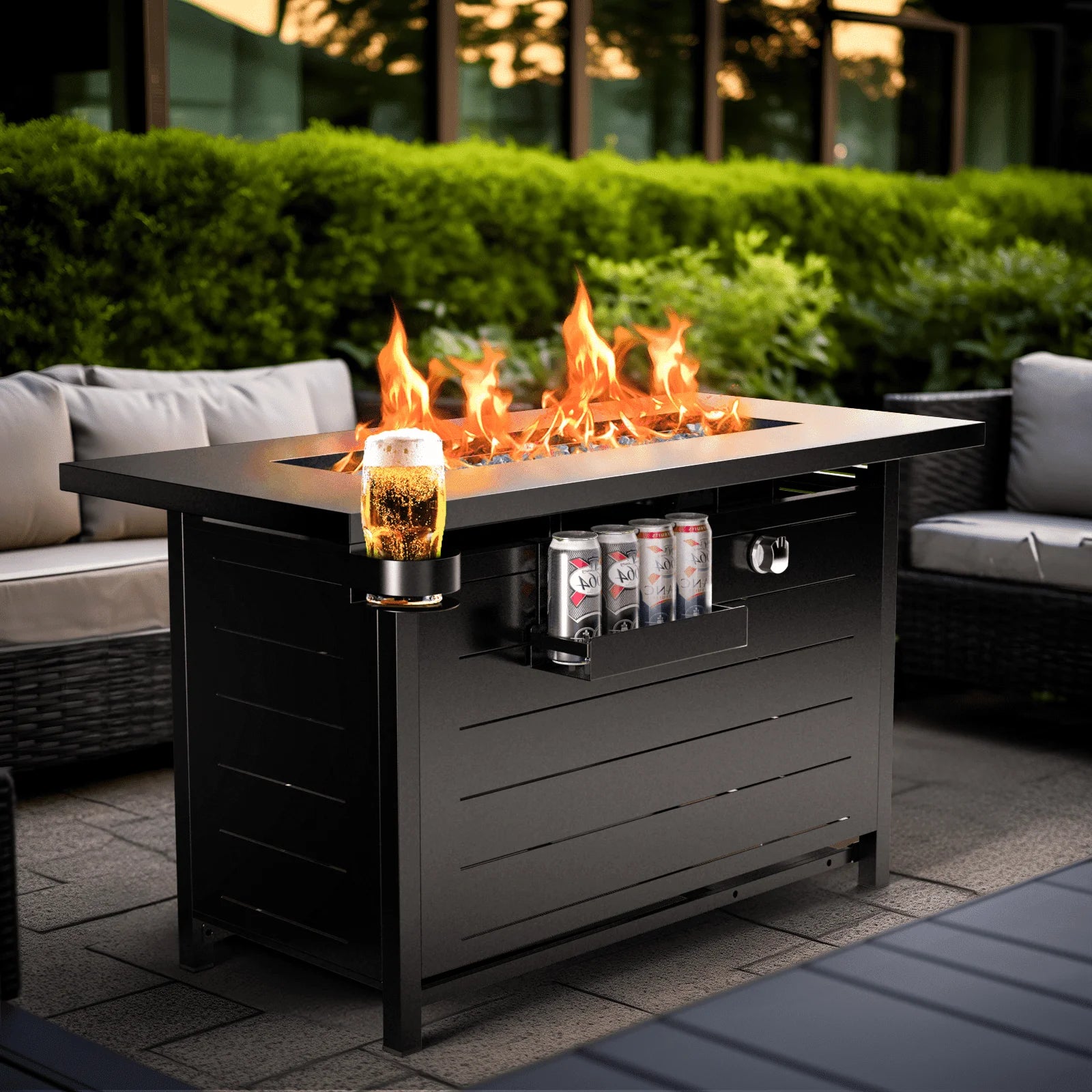 43" Outdoor Propane Fire Pit Table - 60,000 BTU with Lid, Glass Beads, Cup Holders, Hanging Shelf & Nylon Cover - Rectangle Design