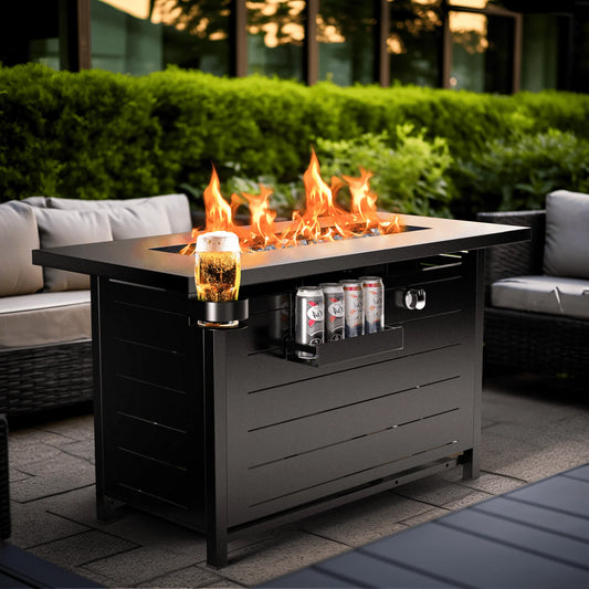 43" Outdoor Propane Fire Pit Table - 60,000 BTU with Lid, Glass Beads, Cup Holders, Hanging Shelf & Nylon Cover - Rectangle Design