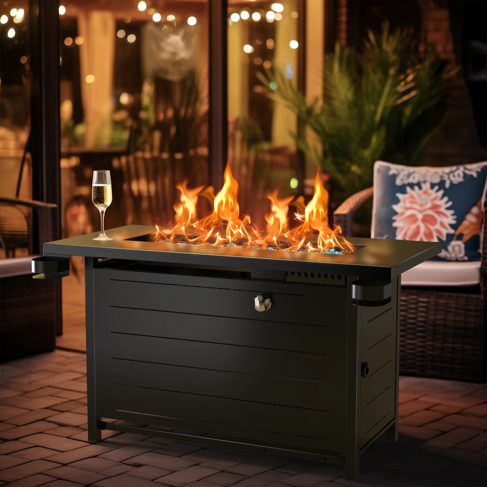 43" Outdoor Propane Fire Pit Table - 60,000 BTU with Lid, Glass Beads, Cup Holders, Hanging Shelf & Nylon Cover - Rectangle Design