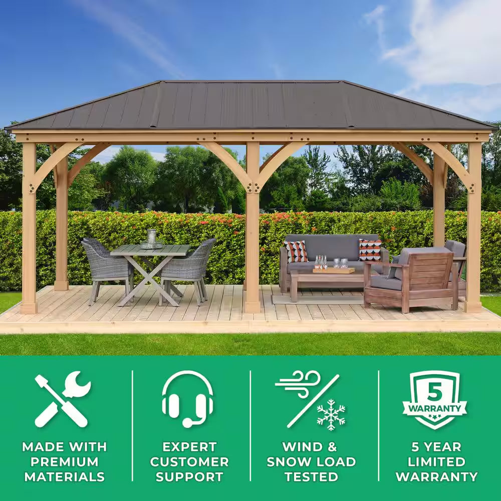 Meridian 12 Ft. X 20 Ft. Premium Cedar Outdoor Patio Shade Gazebo with Architectural Posts and Brown Aluminum Roof