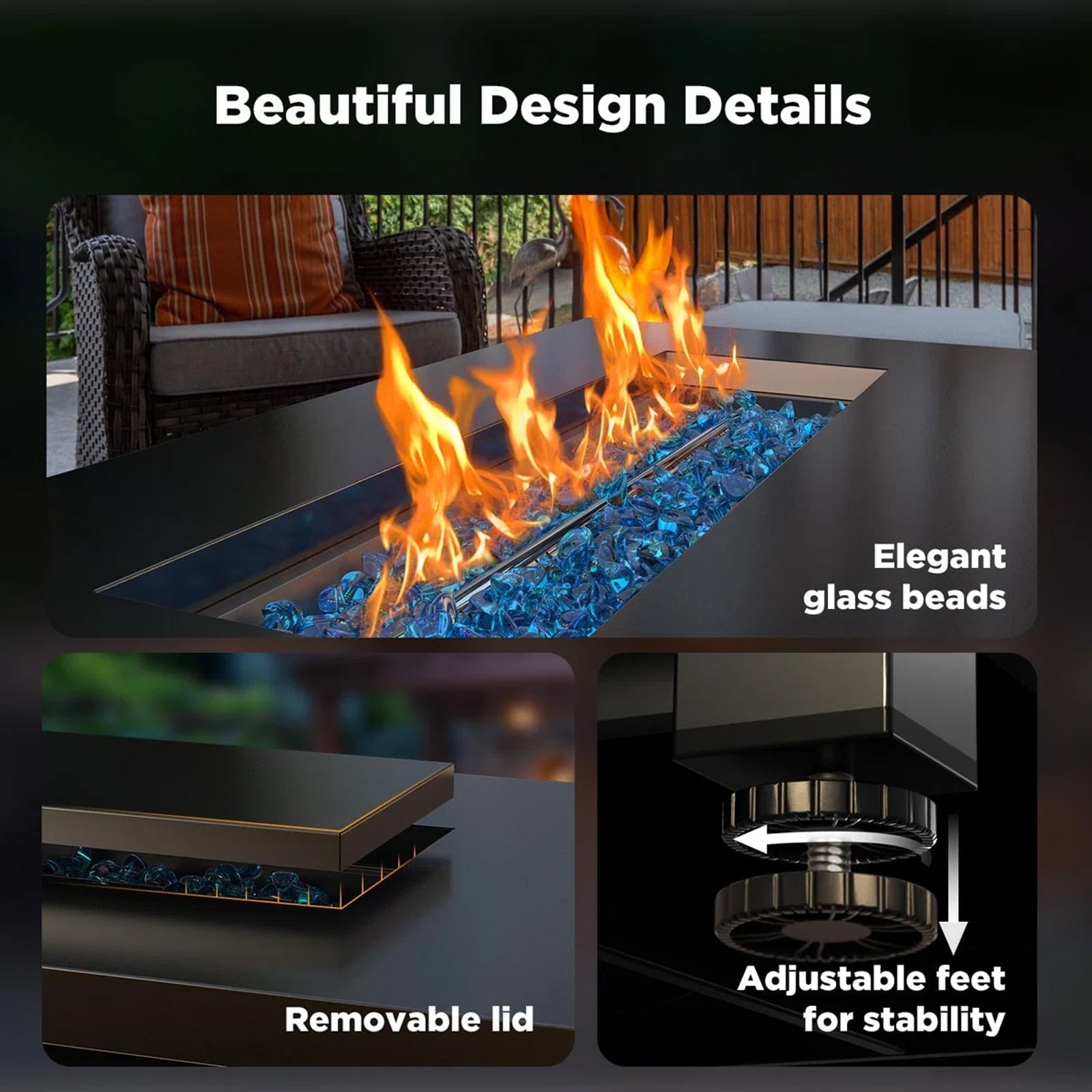 43" Outdoor Propane Fire Pit Table - 60,000 BTU with Lid, Glass Beads, Cup Holders, Hanging Shelf & Nylon Cover - Rectangle Design