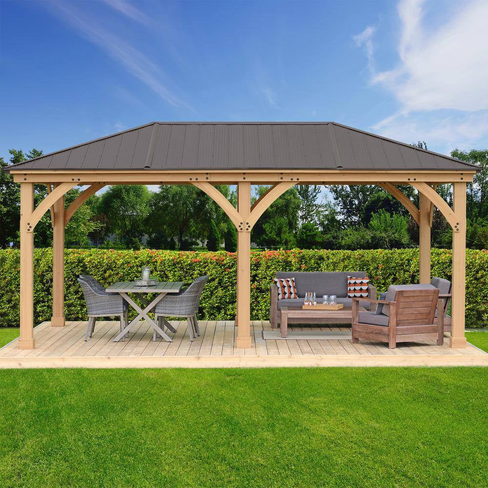 Meridian 12 Ft. X 20 Ft. Premium Cedar Outdoor Patio Shade Gazebo with Architectural Posts and Brown Aluminum Roof