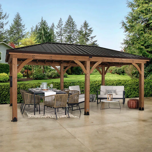 Barrington 20' X 12' Cedar Wood Outdoor Patio Gazebo with Hardtop Galvanized Steel Hip Roof and Powerport