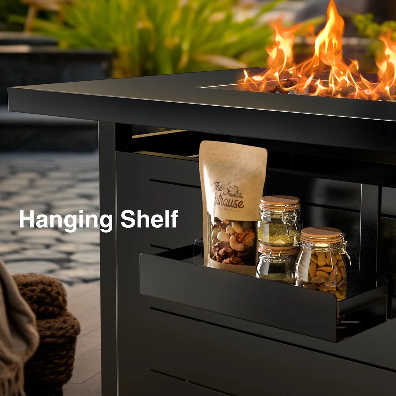 43" Outdoor Propane Fire Pit Table - 60,000 BTU with Lid, Glass Beads, Cup Holders, Hanging Shelf & Nylon Cover - Rectangle Design