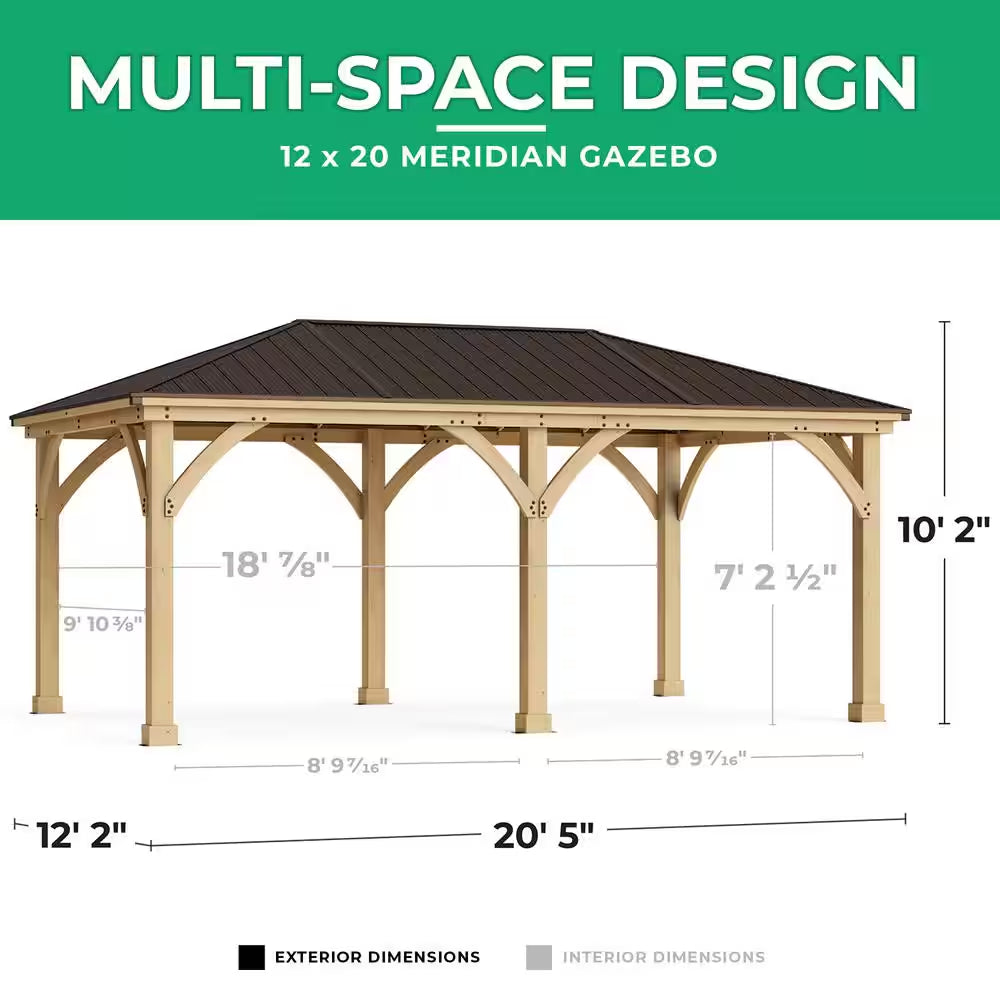 Meridian 12 Ft. X 20 Ft. Premium Cedar Outdoor Patio Shade Gazebo with Architectural Posts and Brown Aluminum Roof