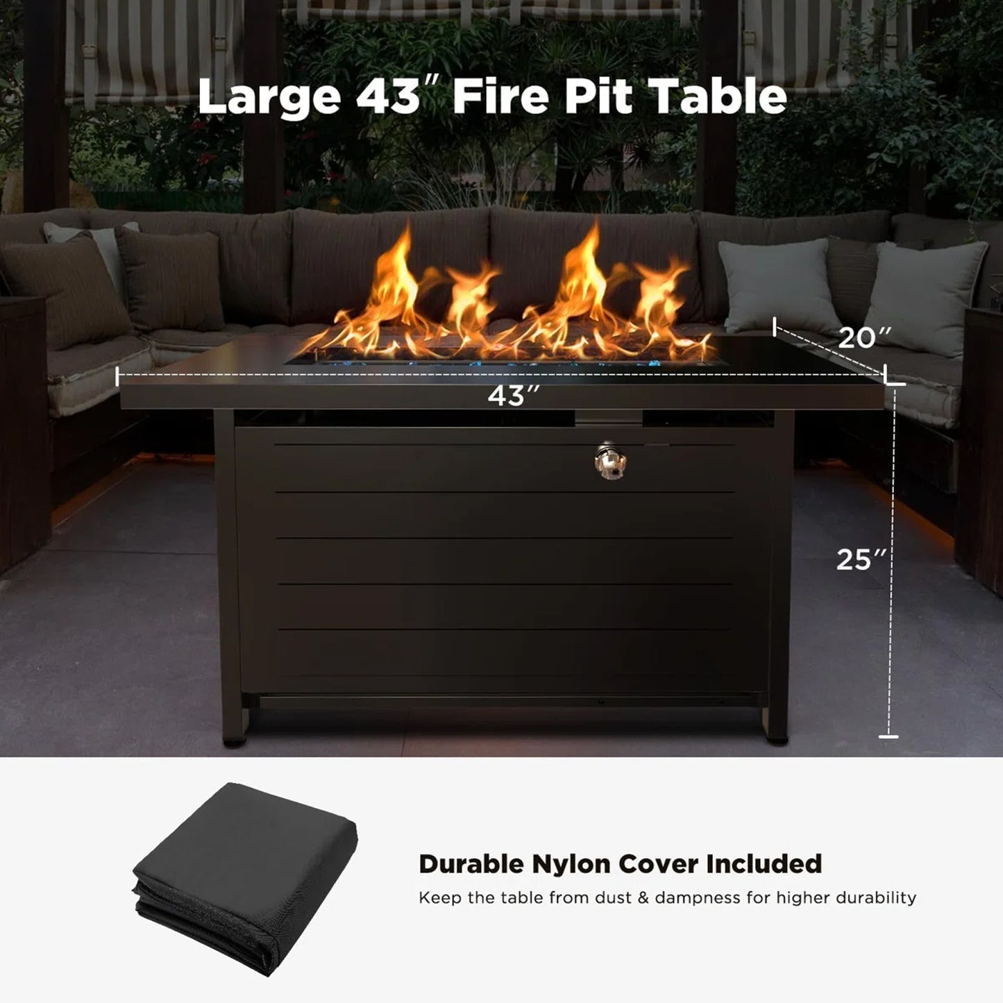43" Outdoor Propane Fire Pit Table - 60,000 BTU with Lid, Glass Beads, Cup Holders, Hanging Shelf & Nylon Cover - Rectangle Design