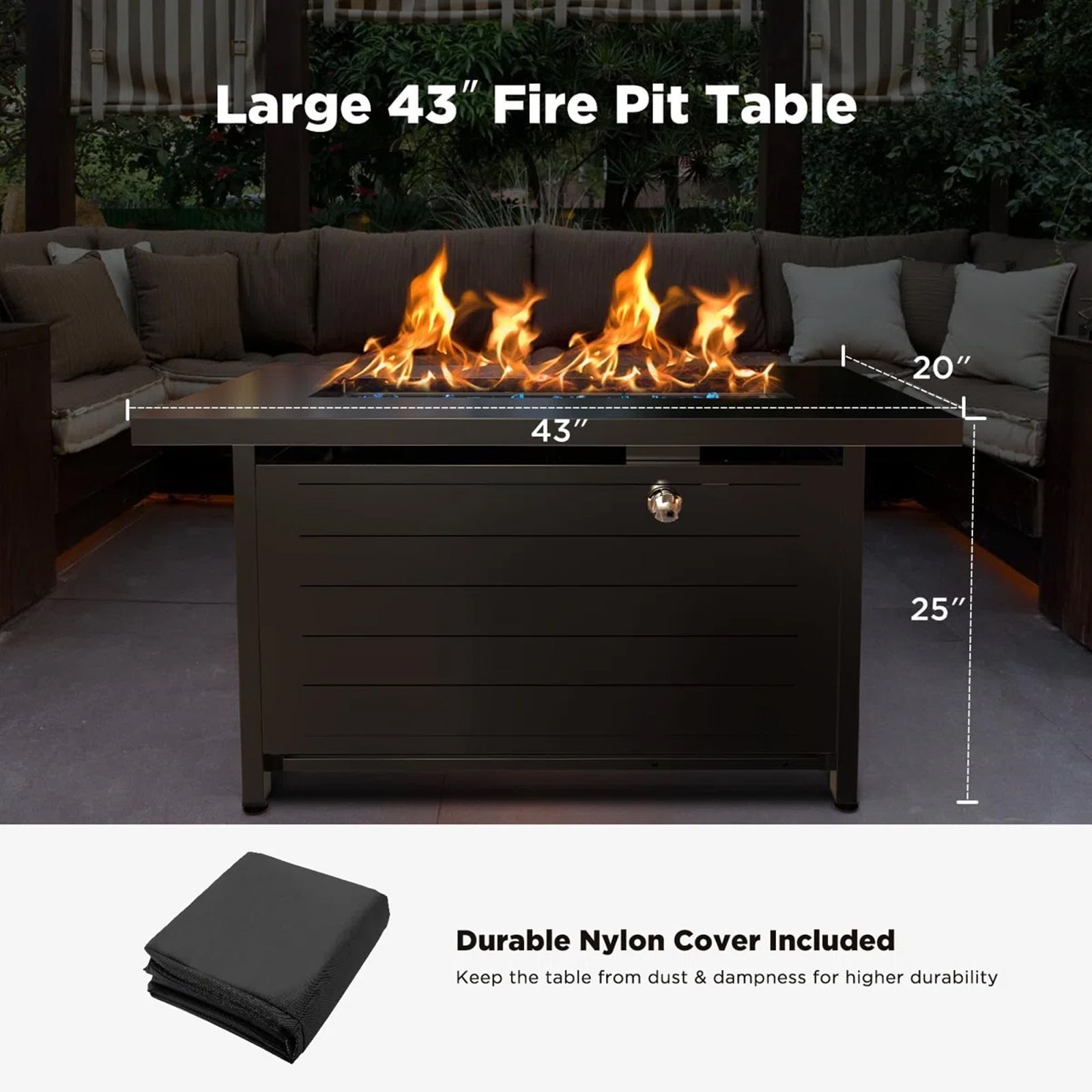 43" Outdoor Propane Fire Pit Table - 60,000 BTU with Lid, Glass Beads, Cup Holders, Hanging Shelf & Nylon Cover - Rectangle Design