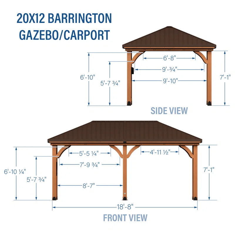 Barrington 20' X 12' Cedar Wood Outdoor Patio Gazebo with Hardtop Galvanized Steel Hip Roof and Powerport